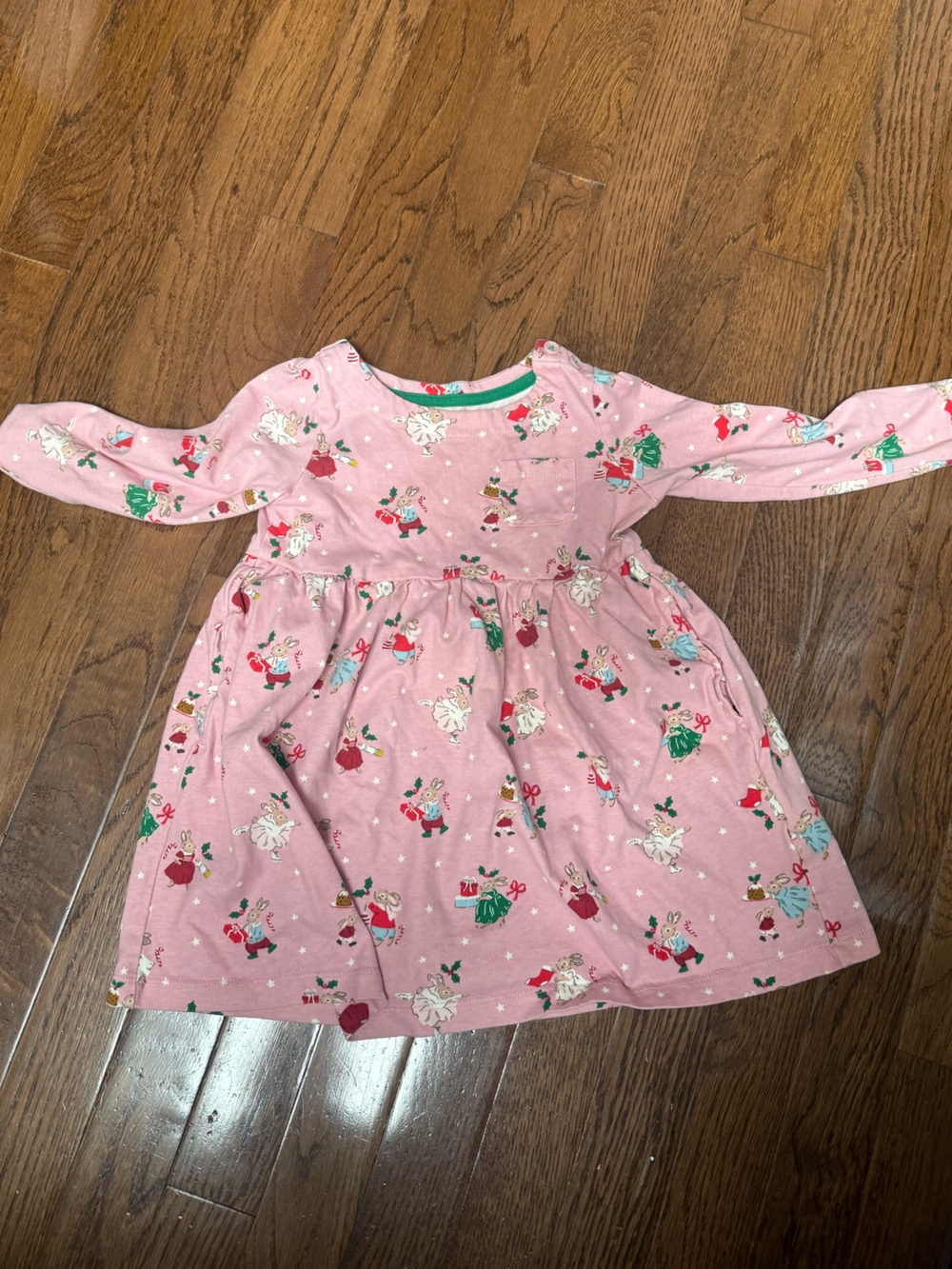 Mini Boden Pink Holiday Print Long Sleeve Dress with Green Trim with pockets